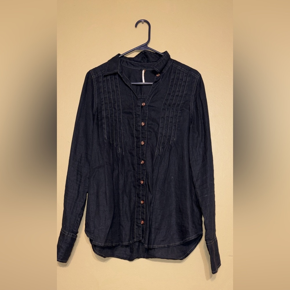 Free People 100% Linen Small Black Button-Up Long Sleeve Oversized Shirt